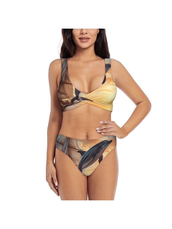Sailing Dancing Dolphin Print Women’s Bikini Set,Two Piece Swimsuit Bathing Suits,Stylish High Elasticity Swimwear for Beach and Pool