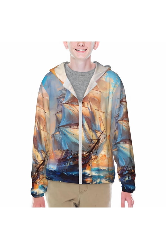 Sailing Ship Ocean Sunset Print Sun Protection Jacket Hooded Cooling Shirt with Pockets Hiking Outdoor Performance-XX-Large