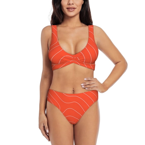 Honeii Salmon Fish Meat Print Women’s Bikini Set,Two Piece Swimsuit Bathing Suits,Stylish High Elasticity Swimwear for Beach and Pool