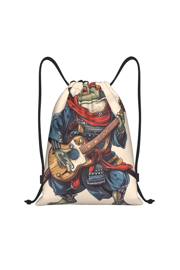 Samurai Frog Guitar Print Drawstring Backpack,Drawstring Bags String Backpack Gym Cinch Sack Backpack Sport Bag Draw-