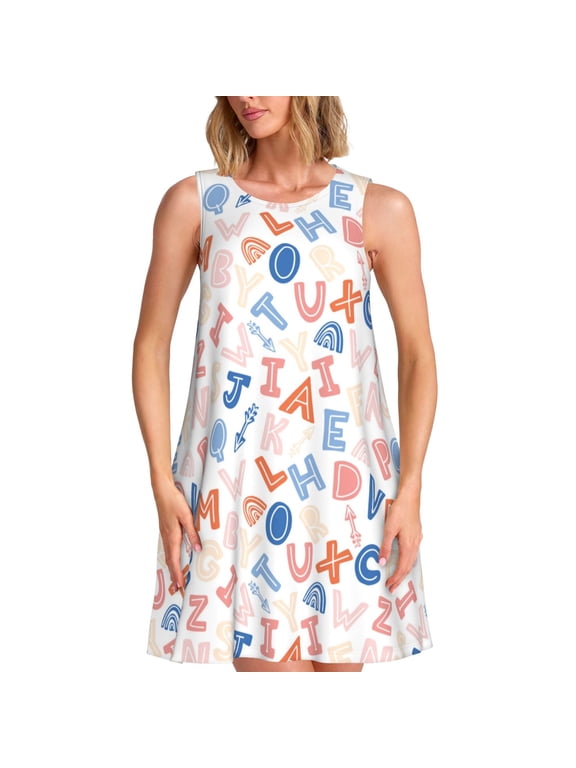 Scandinavian Alphabet Print Women's Sleeveless Dress, Loose Fit Casual Dress for Women, Summer Fashion Dress