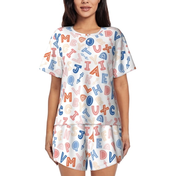 Honeii Scandinavian Alphabet for Women's Summer Pajama Set featuring Soft Short Sleeve Shirt & Matching Bottoms with Convenient Pockets for Relaxed Home Wear-3X-Large