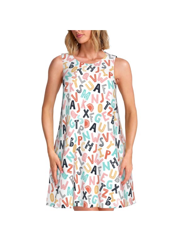 Scandinavian Alphabet1 Print Women's Sleeveless Dress, Loose Fit Casual Dress for Women, Summer Fashion Dress