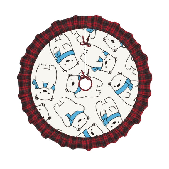 Honeii Scarf Bear Pattern Christmas Tree Skirt, Christmas Ribbon Holly Winter Holiday Tree Mat Decoration-48"
