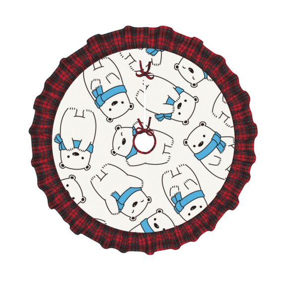 Honeii Scarf Bear Pattern Christmas Tree Skirt, Christmas Ribbon Holly Winter Holiday Tree Mat Decoration-