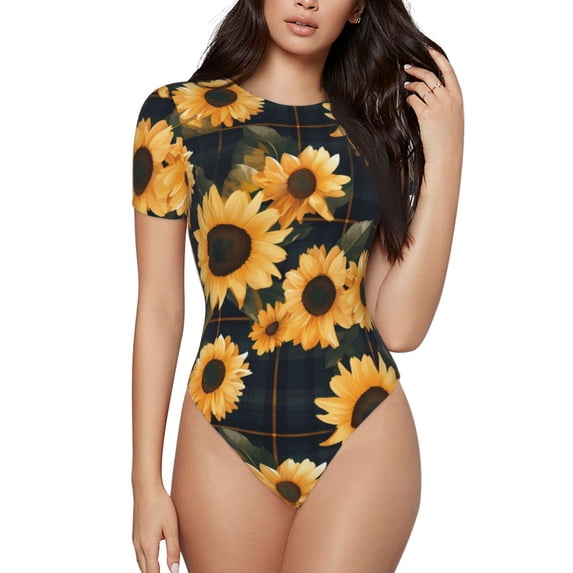Honeii Scottish Blue Plaid Sunflower Print Women's Crew Neck Short Sleeve Bodysuit Fashion T-shirt Tops-Large