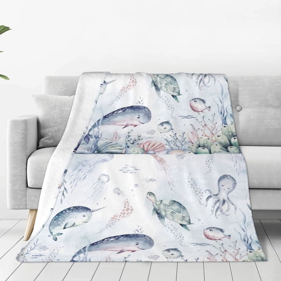 Honeii Sea Animals Print Fleece Blanket - Throw Blanket for Bed, Sofa, Couch, Camping, and Travel , Microplush Ultra Soft Warm Blanket-40"x30"