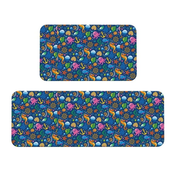 Honeii Sea Fish Print Kitchen Mat [2 PCS] for Floor, Waterproof Non-Slip Rugs, Kitchen Decor,Standing Mat for Floor,Office, Sink, Laundry
