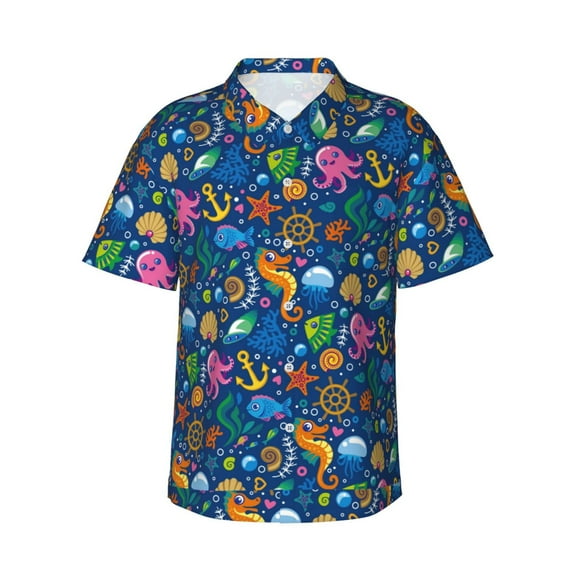 Honeii Sea Fish Print Men’s Hawaiian Shirt,Classic Button-Down Short Sleeve Shirt, for Beach, Vacation, and Outdoor Activities,Medium