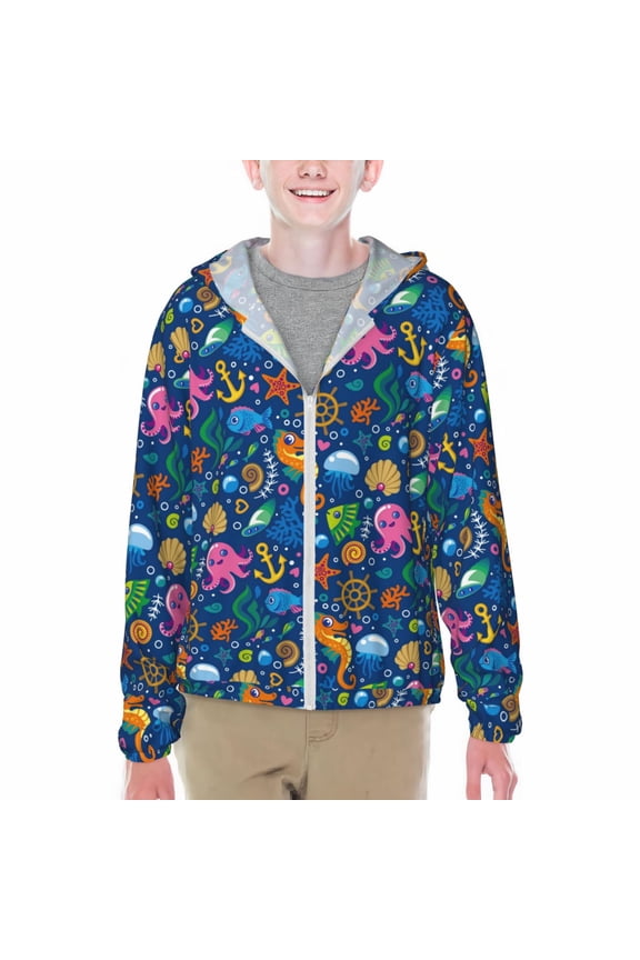 Sea Fish Print Sun Protection Jacket Hooded Cooling Shirt with Pockets Hiking Outdoor Performance-X-Large