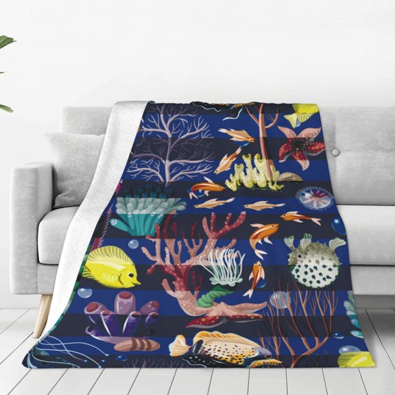Honeii Sea Inhabitans and Herb Print Fleece Blanket - Throw Blanket for Bed, Sofa, Couch, Camping, and Travel , Microplush Ultra Soft Warm Blanket-40"x30"