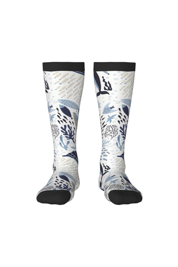 Sea Life Elements Print Long Socks,Novelty Design Socks Gift for Men and Women,Crew Socks,Calf Socks