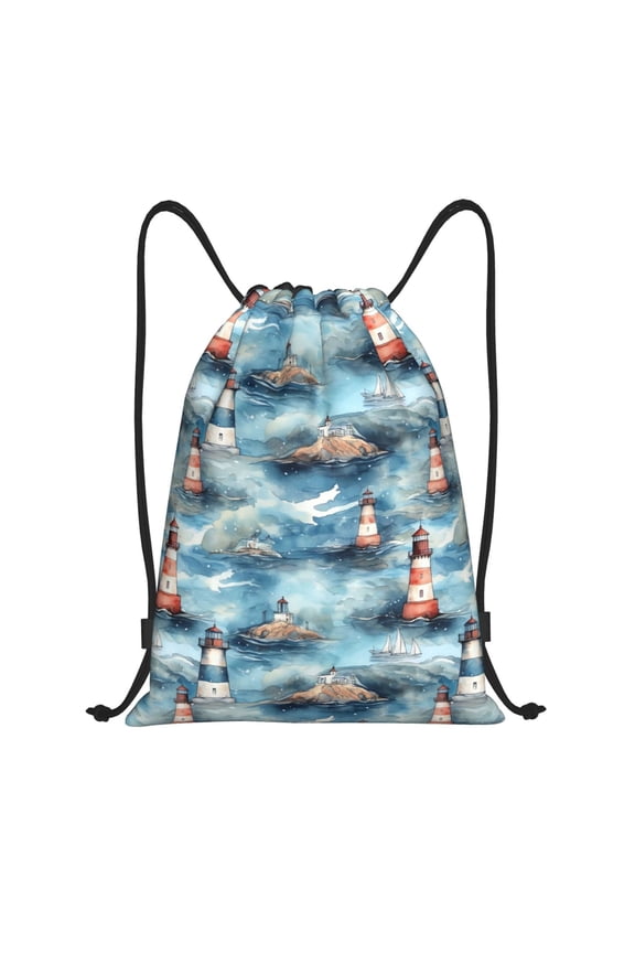 Sea Marine And Lighthouse Print Drawstring Backpack,Drawstring Bags String Backpack Gym Cinch Sack Backpack Sport Bag Draw-Small