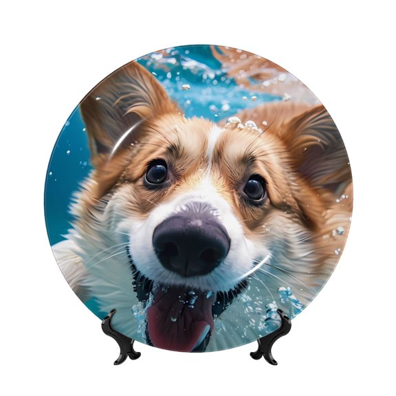 Honeii Sea Swimming Corgi Print Elegant Bone China Decorative Plate, Porcelain Plate,Art Crafts,Ceramic Ornaments for Home Office Wall Decor-6in