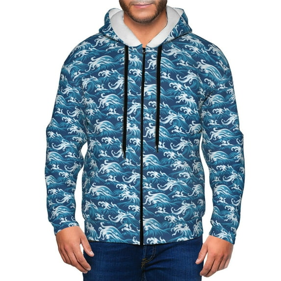Honeii Sea Water Wave Print Hoodies for Men, Pullover & Full Zip, Breathable Zip up Hoodie, Sweatshirt-Small