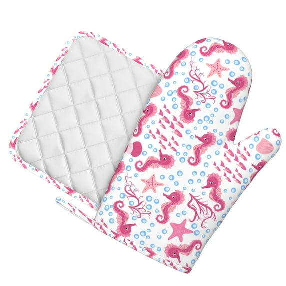 Honeii Seahorse and Starfish patten Oven Mitts and Pot Holders Sets, Baker Oven Mitts, Mittens for Kitchen Decor, Baking Lover over Gloves Gifts