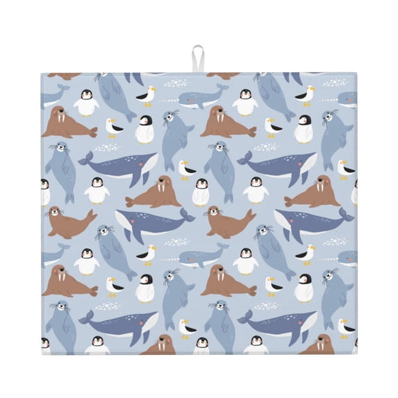 Honeii Seal Fox Seagull Whales for Dish Drying Mat for Kitchen Counter, Non-slip Rubber Backed, Hide Stain Kitchen Super Absorbent Draining Mat, Dish Rack Pad