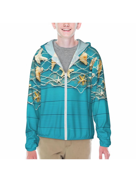 Seashells And Fishing Net On Blue Wooden Table Print Sun Protection Jacket Hooded Cooling Shirt with Pockets Hiking Outdoor Performance-XX-Large