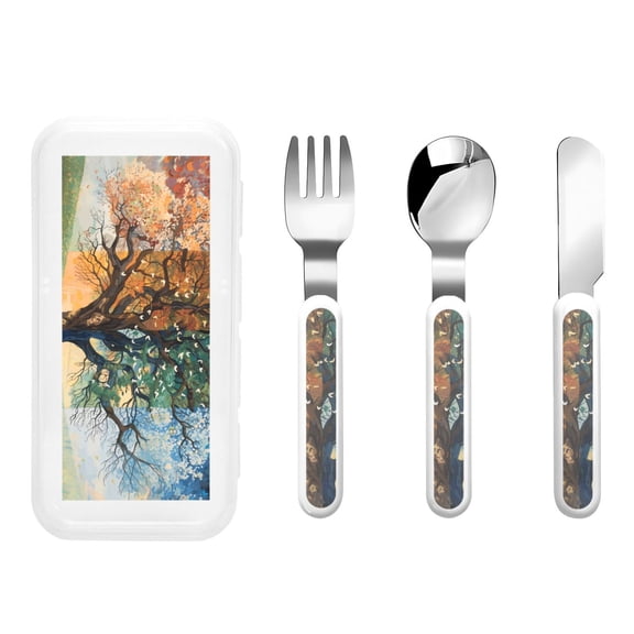 Honeii Seasonal Tree Reflection Print Children's Knife, Fork And Spoon Set,Reusable Utensils Set with Case,Travel Cutlery Set,for Kids Adults Camping