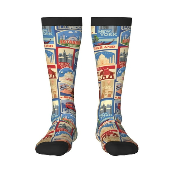 Honeii Set Of Travel Vintage Print Long Socks,Novelty Design Socks Gift for Men and Women,Crew Socks,Calf Socks