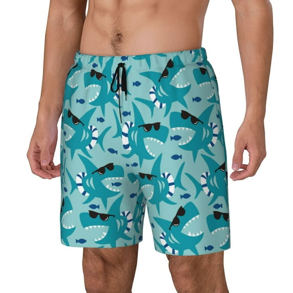 Honeii Shark Wearing Sunglasses Print Men's Swim Shorts,Mens Swim Trunks,Breathable Mesh Beach Shorts for Swimming,Surfing, and Beach Activities-3X-Large