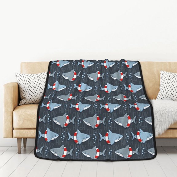 Honeii Shark Wearing Swim Ring for Throw Blanket for Couch - Thick Blanket, Soft Fuzzy Plush Throw Blanket for All Seasons, Double Sided Blanket,50x60 In