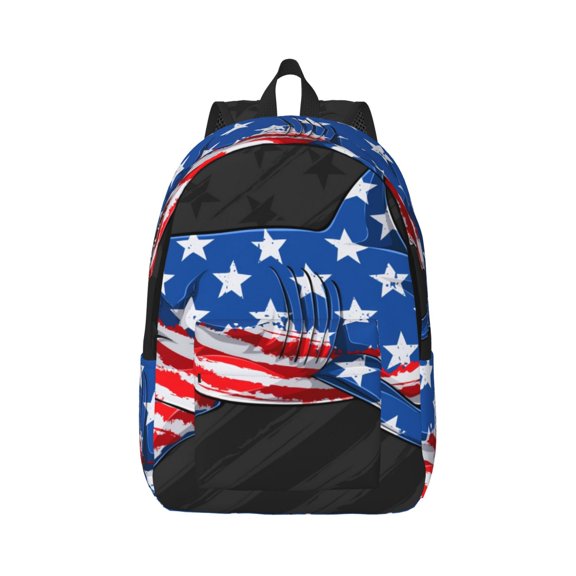 Honeii Shark With USA Flag Print Canvas College Laptop Backpack, Durable Rucksack Travel Notebook Bag School Backpack Book Bag for Men Women-Small