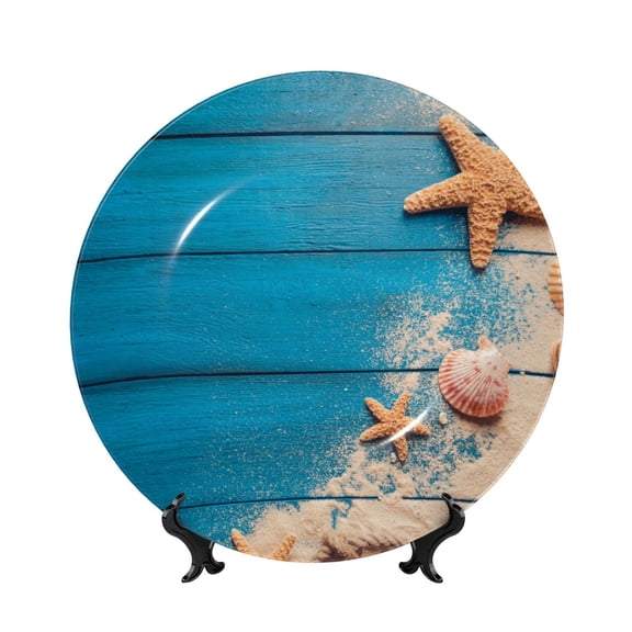 Honeii Shells and Starfish Print Elegant Bone China Decorative Plate, Porcelain Plate,Art Crafts,Ceramic Ornaments for Home Office Wall Decor-7in