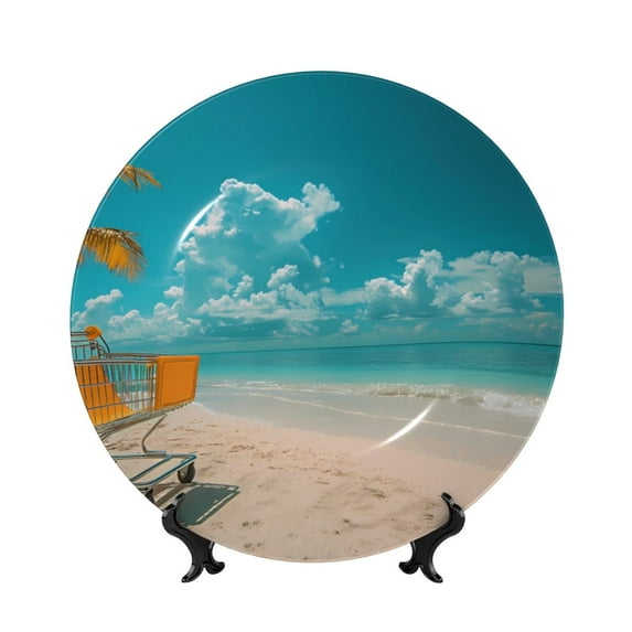 Honeii Shopping Cart On Tropical Beach Print Elegant Bone China Decorative Plate, Porcelain Plate,Art Crafts,Ceramic Ornaments for Home Office Wall Decor-10in