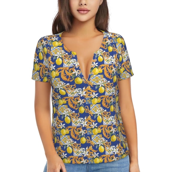 Honeii Sicilian Style Print Women's V-Neck T-Shirt,Short Sleeve V Neck Tees Tops for Women , Perfect for Work, Travel, and Everyday Wear