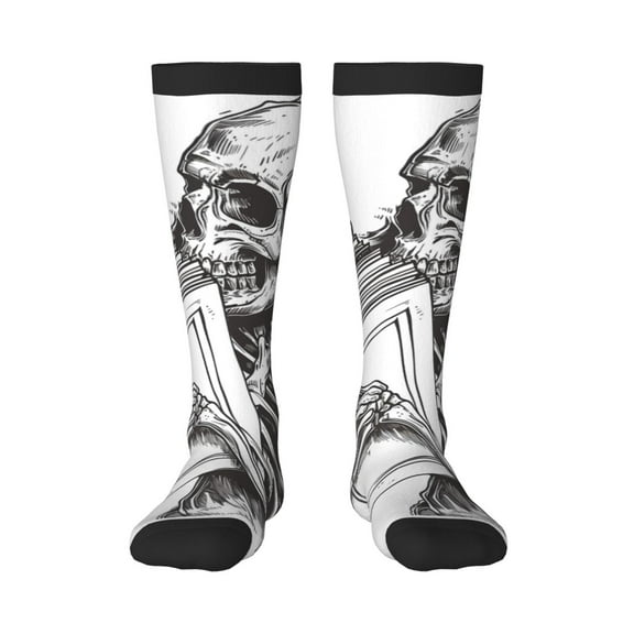 Honeii Skeleton Book Lover Print Long Socks,Novelty Design Socks Gift for Men and Women,Crew Socks,Calf Socks