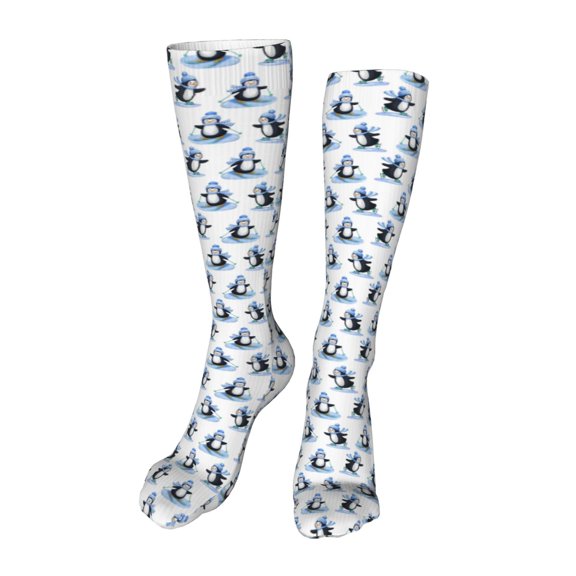Honeii Skiing Penguin Funny Print Calf Socks Sports Socks Seamless Toe, Trouser Socks,Knee High Long Socks for Women and Men-One Size