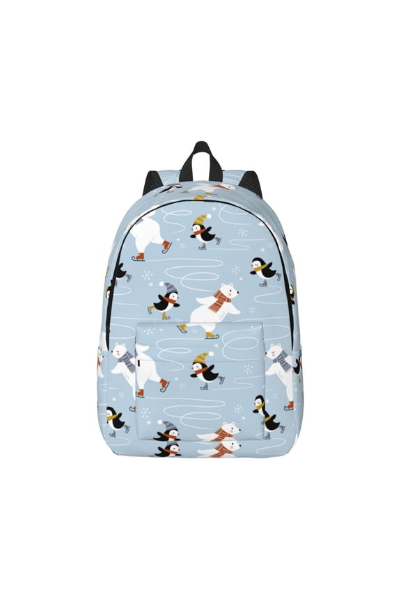 Skiing penguin Bear Print Canvas College Laptop Backpack, Durable Rucksack Travel Notebook Bag School Backpack Book Bag for Men Women-Small