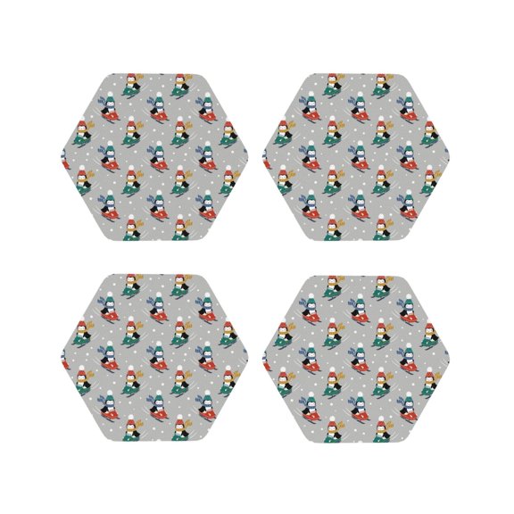 Honeii Skiing penguin Print Leather Coaster Set of 4, Ideal for Safeguarding Your Furniture from Drinks Spills and Effortless Cleanup-Hexagon