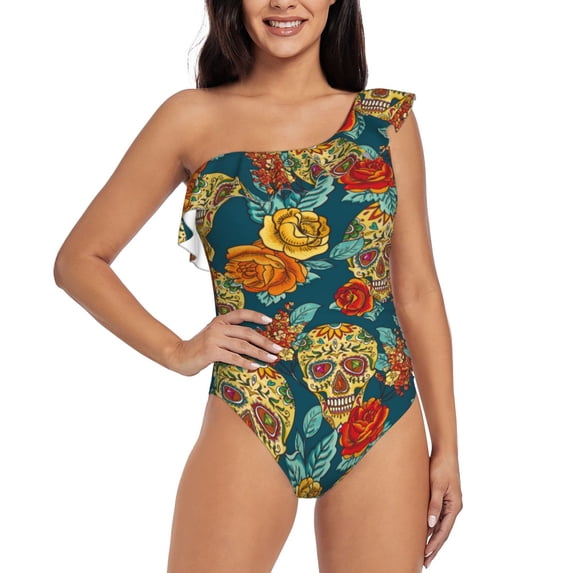 Honeii Skull And Flowers for women's one-piece swimsuit featuring a chic one-shoulder design experience elegance and style in the water-X-Large