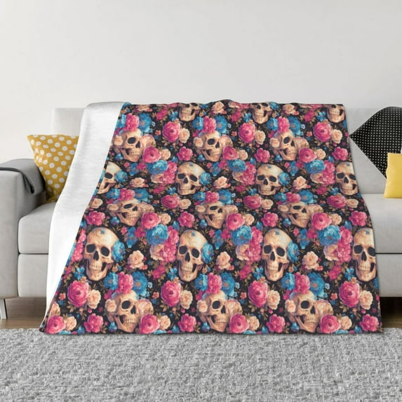 Honeii Skull Blue Flower print throw blanket, crafted from cozy cotton flannel, offers versatile home decor as a bedding suitable for all seasons.-60"x50"