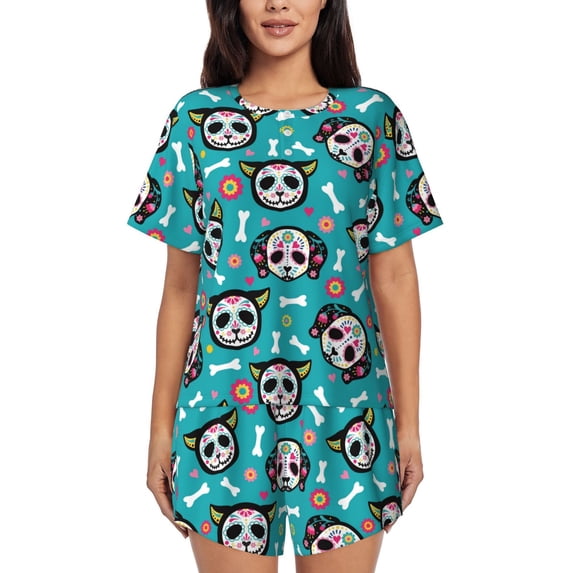 Honeii Skull Cat for Women's Summer Pajama Set featuring Soft Short Sleeve Shirt & Matching Bottoms with Convenient Pockets for Relaxed Home Wear-XX-Large