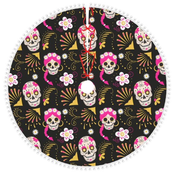Honeii Skull Daisy Print Christmas Tree Skirt with Pom Pom Tree Skirt Christmas Tree Mat Plush Xmas Tree Skirt for Decorations Holiday Party-36"