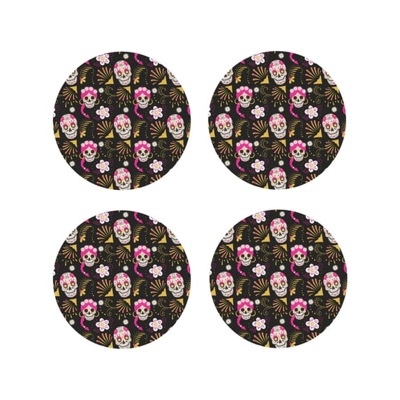 Honeii Skull Daisy print Leather Coaster Set of 4, ideal for safeguarding your furniture from drinks spills and effortless cleanup-Round Shape