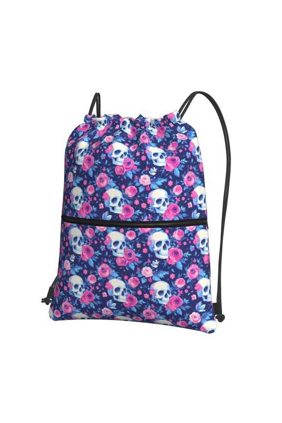 Skull Flower Print Drawstring Backpack,String Bag,Sackpack Cinch Water Resistant Nylon for Gym Shopping Sport Yoga