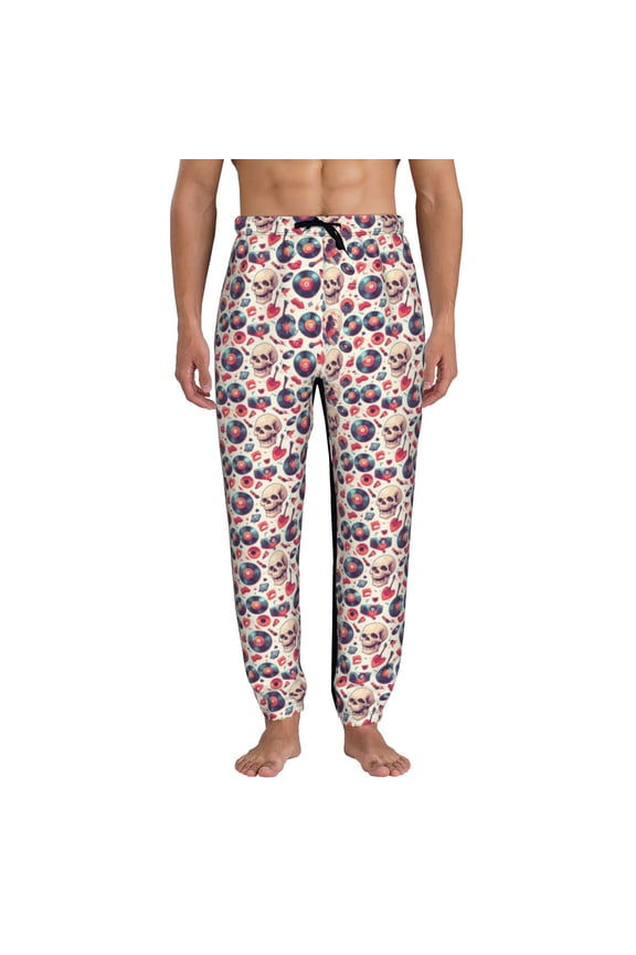 Skull Guitar record lips Print Mens Jogger Sweatpants, Men's Lounge Pants with Pockets-X-Large