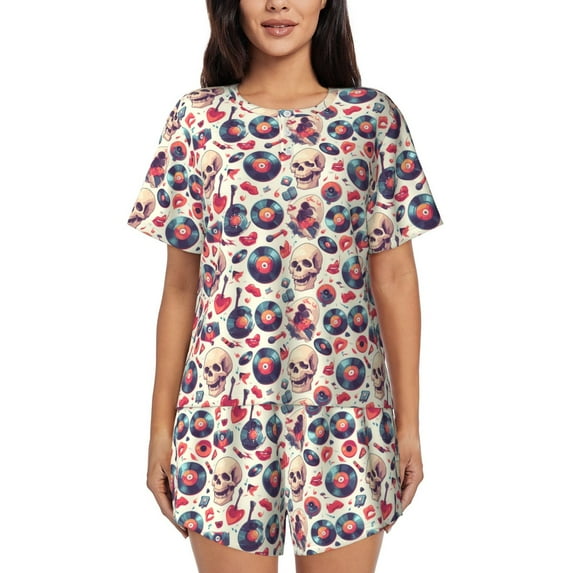 Honeii Skull Guitar record lips for Women's Summer Pajama Set featuring Soft Short Sleeve Shirt & Matching Bottoms with Convenient Pockets for Relaxed Home Wear-Medium