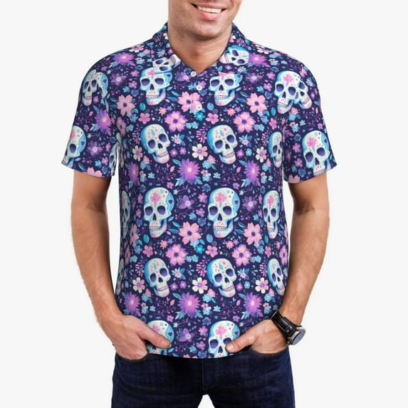 Honeii Skull Purple Flower print Polo Shirt, a classic short-sleeved, button-down golf shirt designed for men3X-Large
