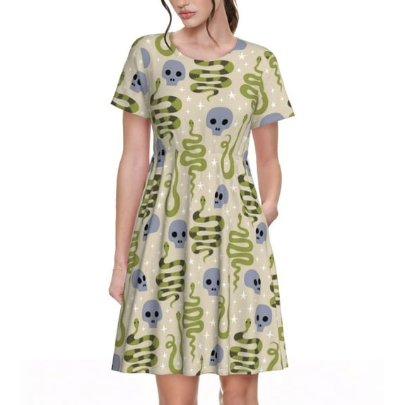 Honeii Skull Snake Print Women’s Short Sleeve Dress, Comfortable Casual Dress, Soft Polyester Spandex Blend, Stylish Everyday Wear for Summer, Perfect for Travel and Vacation