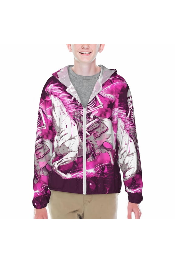 Skull White Horse Print Sun Protection Jacket Hooded Cooling Shirt with Pockets Hiking Outdoor Performance-Small