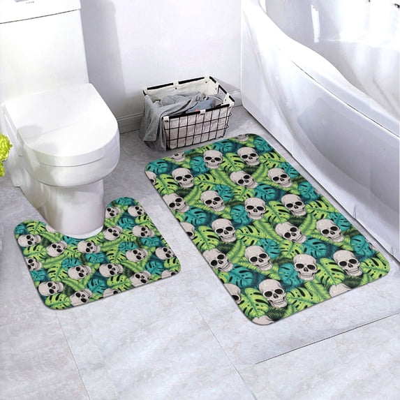 Honeii Skull and Palm Leaves Pattern Bathroom Anti-Skid Pad Bathroom Mat Vintage Seamless Pattern Not-Slip Toilet Rug Set