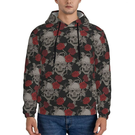 Honeii Skull and Red Roses Pattern Mens Hoodies Men's Loose Sleeve Sweatshirt,Pullover Hooded Sweatshirt for Men,Essentials Hoodie-Large