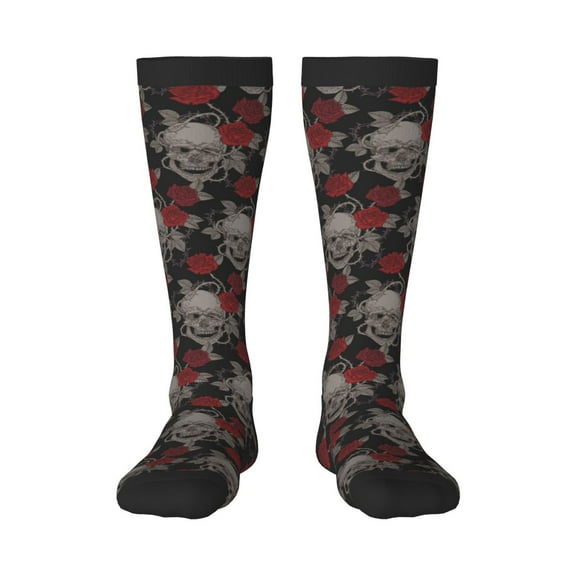 Honeii Skull and Red Roses Print Long Socks,Novelty Design Socks Gift for Men and Women,Crew Socks,Calf Socks