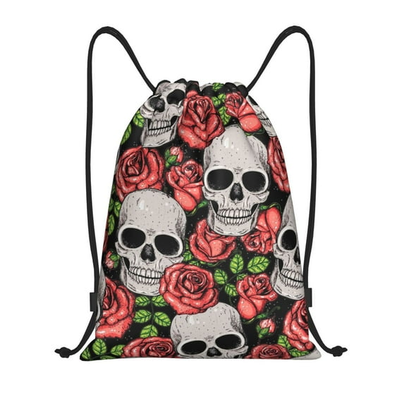 Honeii Skull and Roses Print Drawstring Backpack,Drawstring Bags String Backpack Gym Cinch Sack Backpack Sport Bag Draw-Small