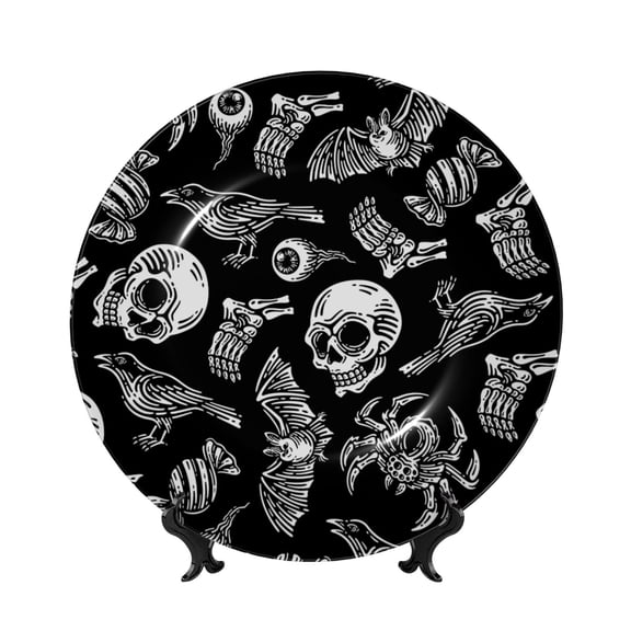 Honeii Skull bird bat spider Print Elegant Bone China Decorative Plate, Porcelain Plate,Art Crafts,Ceramic Ornaments for Home Office Wall Decor-8in